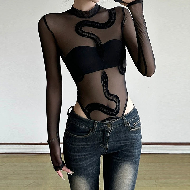 New spicy girl snake print perspective sexy splicing round neck mesh bodysuits for women
