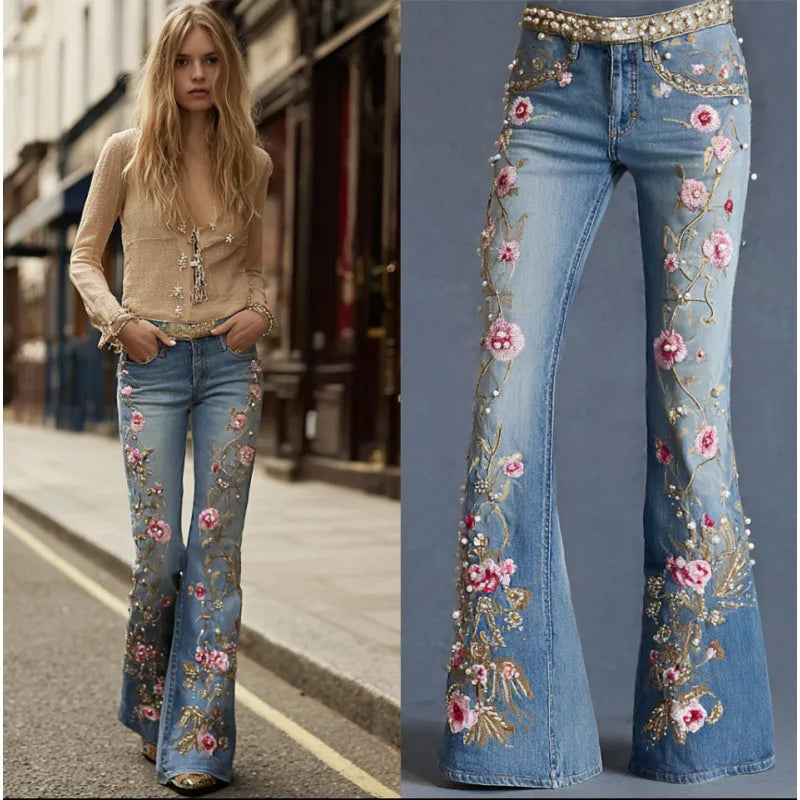 3D Printed Jeans for Women's Flare Denim Pant High Waist Elegant Vintage Casual High Street Slim Pockets Women's Jeans