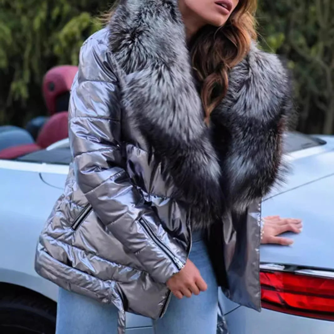 Women Cotton-padded Jacket Zipper Long-sleeved Winter Leisure Bright Face Fur Collar Irregular Short Belt Cotton-padded Jacket