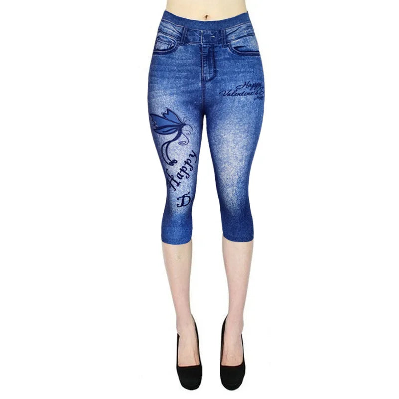 Women Plus Size Leggings Imitation Cropped Trousers 2025 New Mock Pocket Pants Slim Jeggings Denim Skinny
