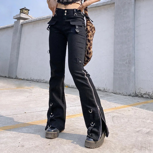 Dark Punk Y2k Grunge Low Waist Emo Jeans Mall Gothic Women Black Patchwork Electro Pants Fashion Streetwear Alt Clothes