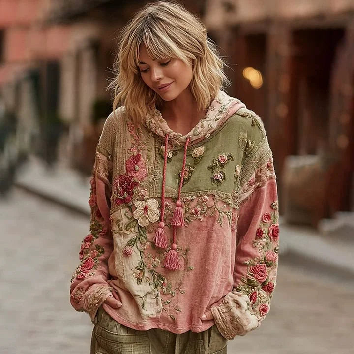 Casual French Flower Hoodie Top Women Autumn Spring Y2K Hoodie Floral Print Hoodie Loose Thin Polo Neck Coat Oversized Top New
