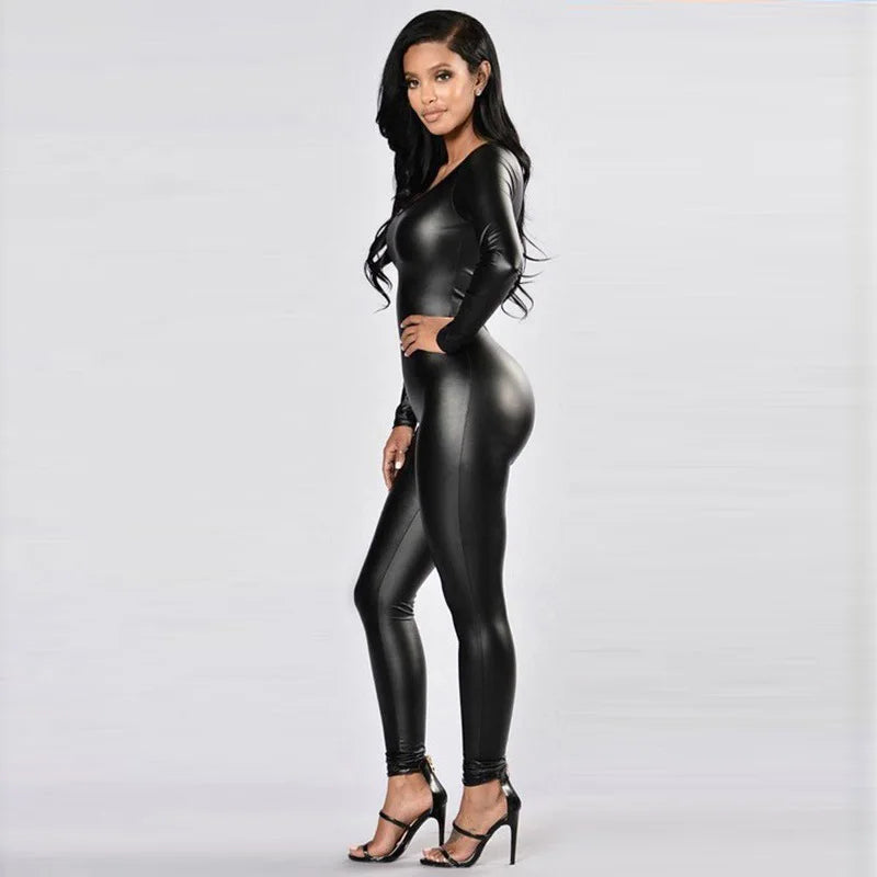 Women Jumpsuit Patent Leather Sexy Black Long Sleeve Jumpsuit Female Uniform Bodysuit