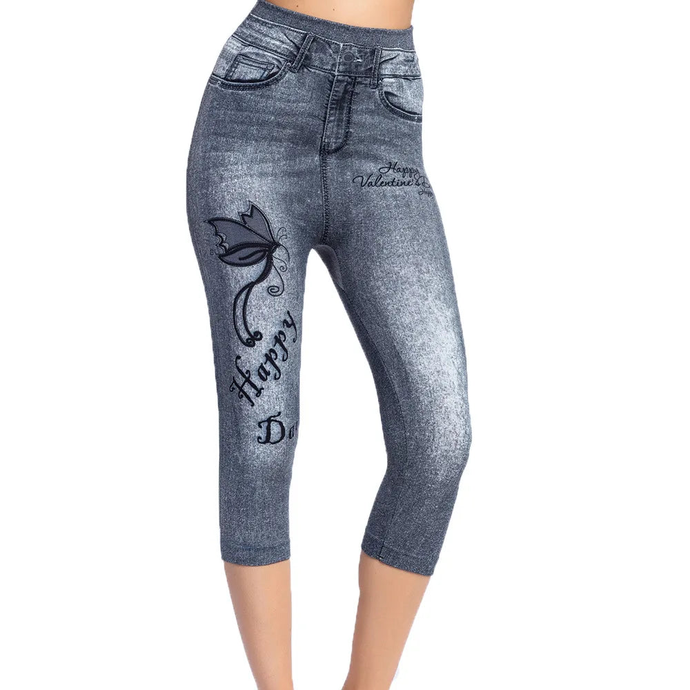 Women Plus Size Leggings Imitation Cropped Trousers 2025 New Mock Pocket Pants Slim Jeggings Denim Skinny