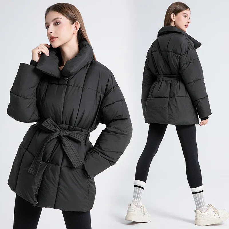 Women's Winter Parka Jacket Solid Color Stand Collar Button Pockets Padded Coat For Female Minimalist Casual Lady's Coat