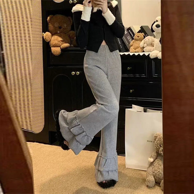 Casual Ruffles Flare Pants Women Korean Loose High Waist Sweet Trousers Vintage Simple Design Lady Elegant Wide Leg Pants