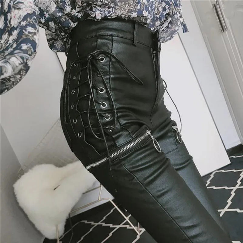 Sexy y2k streetwear black leather pants women goth clothes high waist fashion casual pants vintage lace up PU trousers hot
