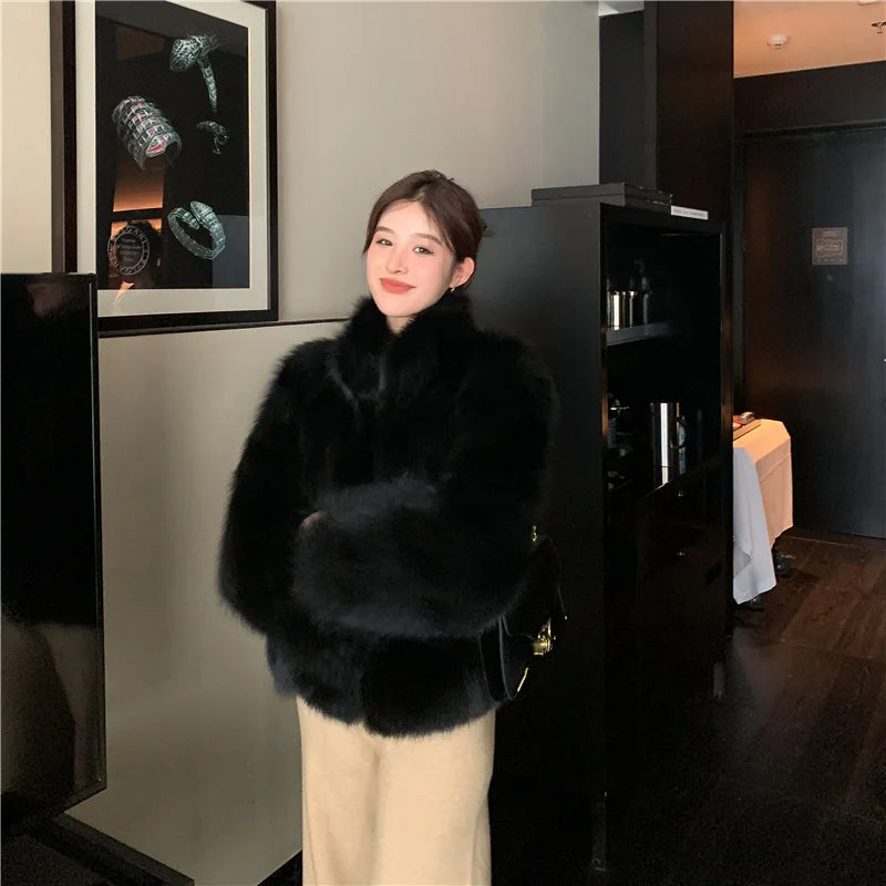 New Imitate Fox Hair Environmental Protection Fur Autumn/Winter Stand Collar Short Fur Coat Women's Thick Warm Jacket Brown