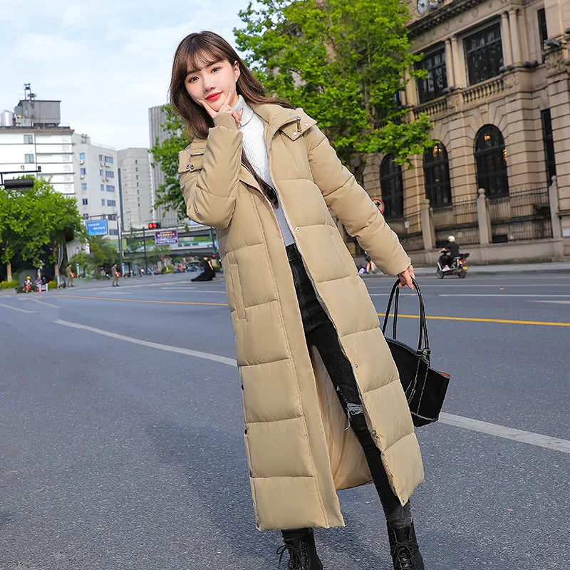Winter Long Sleeve Hooded Down Long Coat Korean Women Pocket Solid Loose Jacket Lady Casual Thick Warm Outwear