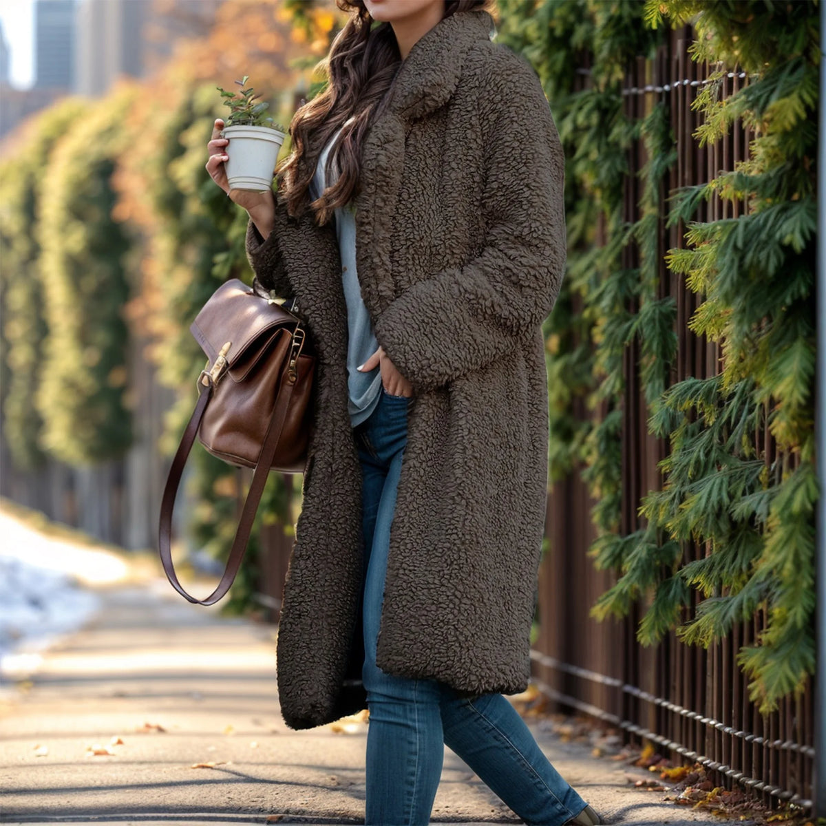 Retro Solid Long Coats Women Elegant Loose Lapel Single Breasted Plush Coat Female Winter Warm Chic Street Overcoats