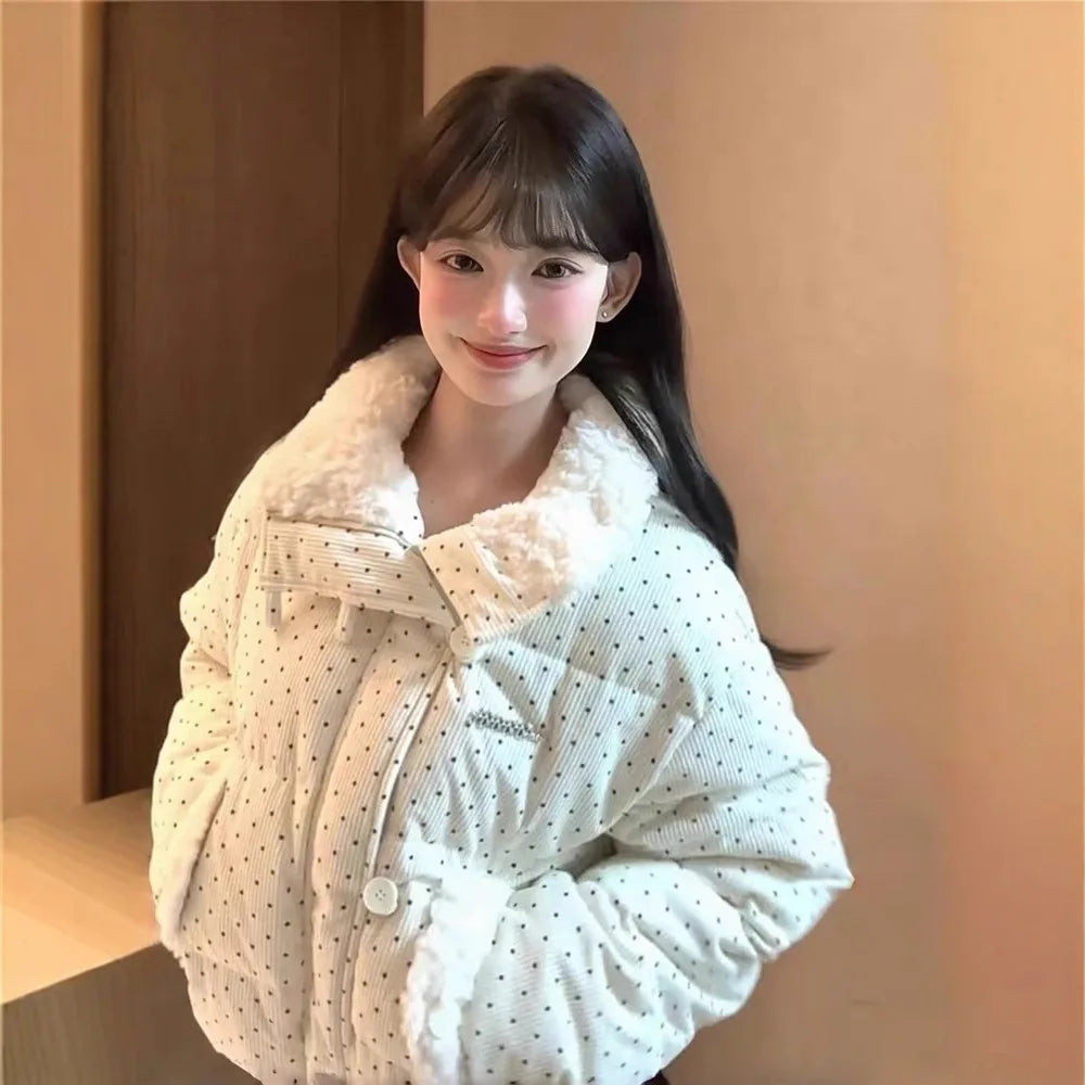 Sweet Polka Dot Parkas Women Winter Loose Casual Thicken Button Patchwork Puffy Coats Korean Fashion Fur Collar Female Outwear