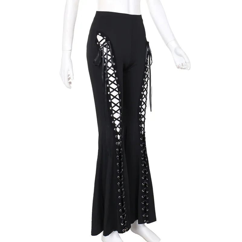 Gothic Bandage Cut Out Pants Black Clothes for Women Cyber Punk Lace Up High Waist Flare Pants Dark Academia