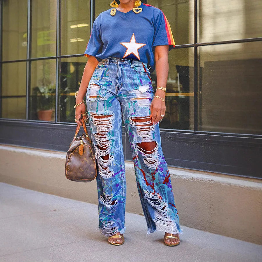 Spring New Floral Graffiti Print  High Waist Loose Straight Jeans Hip Hop Style Long Pants