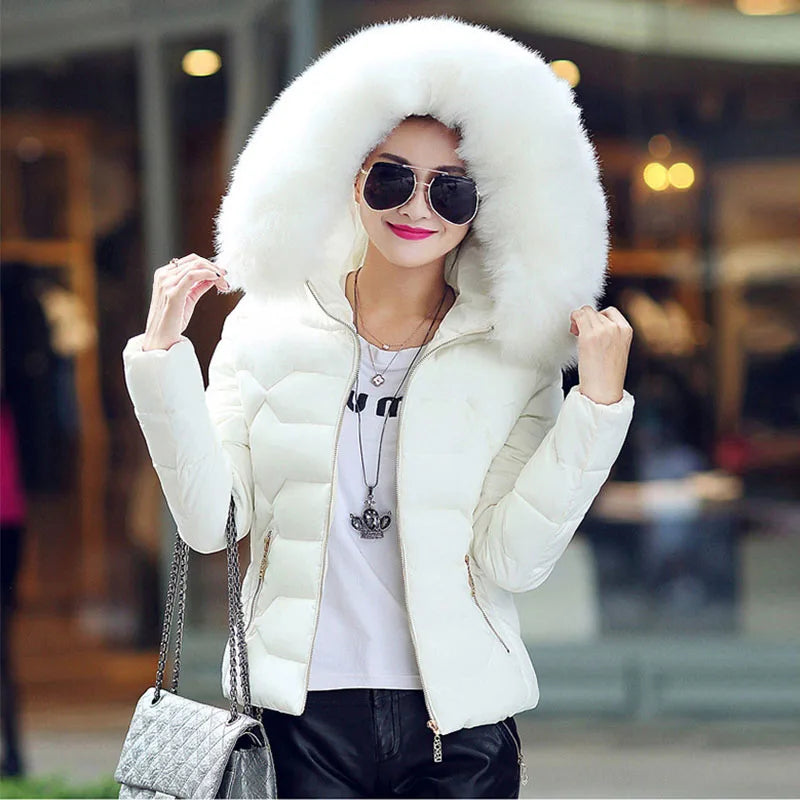 Female Coat Autumn With Fur Collar Hooded Cotton Padded Winter Jacket Women Short Outwear Basic Jacket