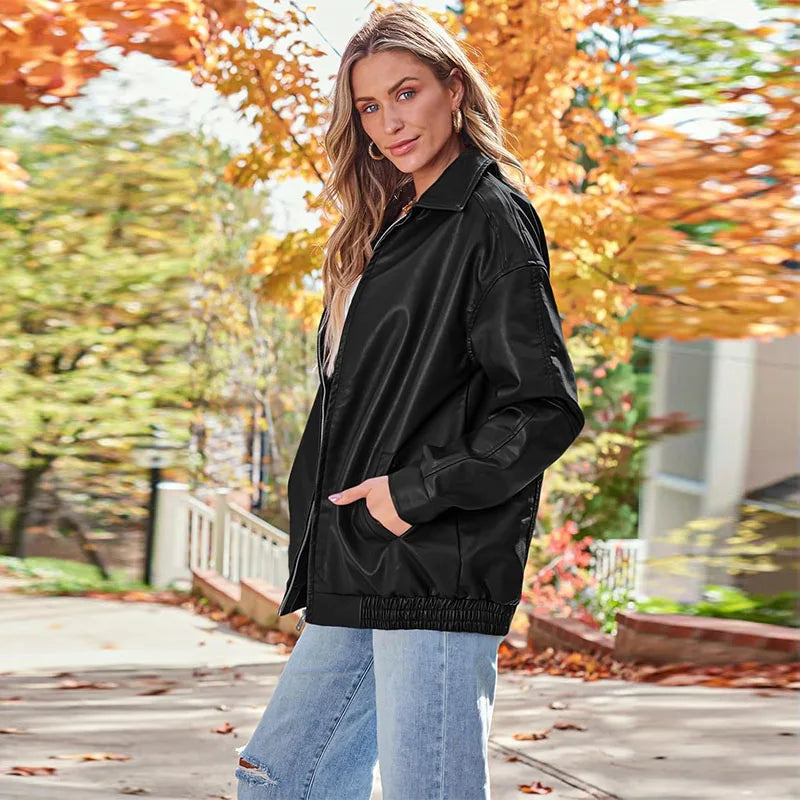 Vintage Brown Motorcycle Leather Jacket Women's Autumn New Style Korean Version Top Wholesale Artificial Leather  Coat Loose Fit