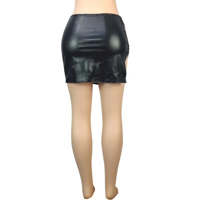 PU Imitation Leather Metal Ring Side Split Mini Skirt Women High-waist Fittness Slim Skirts Vintage Bodycon Skirt Club Party