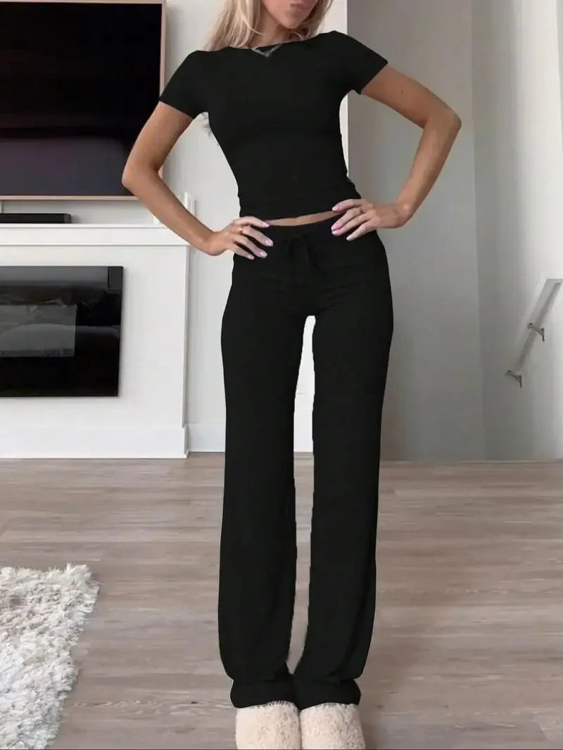 Summer Comfortable Casual Women's Home Sports Set New Fashionable Solid Color Slim Body Clothes + Trousers Two-piece Set