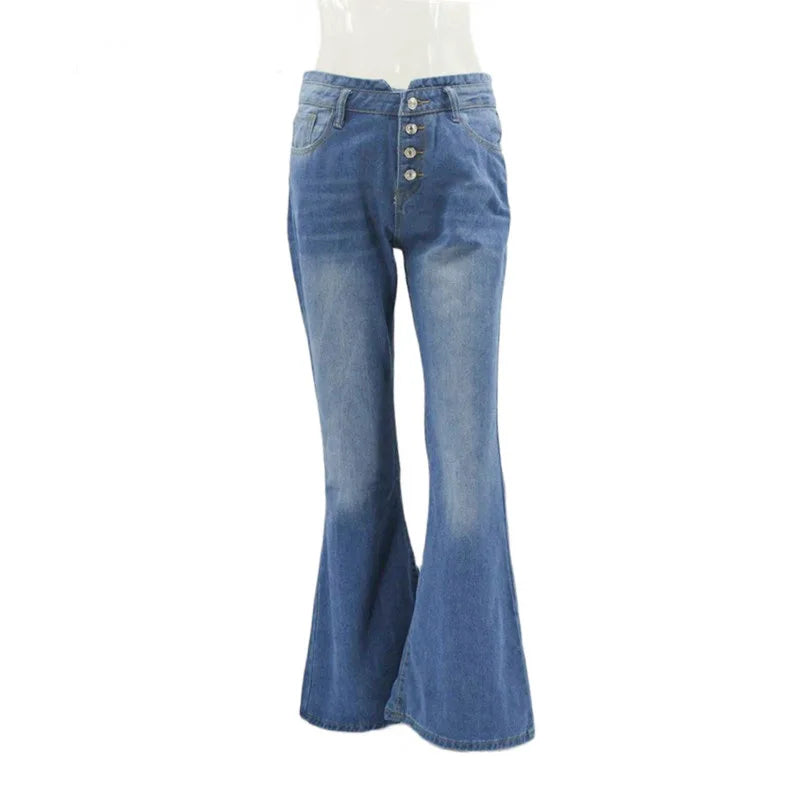 High Waist Trousers Loose Washed Jeans Pockets Slim Denim Flare Classic Women Vintage Stretch Straight Trousers
