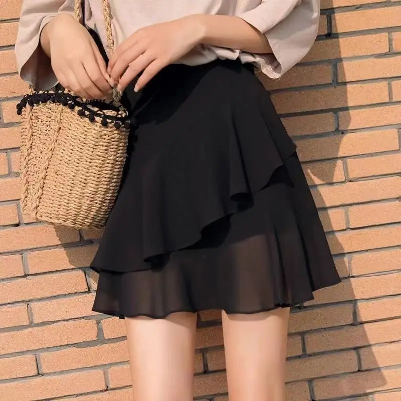 Silk Satin Black Women's Skirt Ruffle Flare Skirts For Woman Chiffon Clothes Stylish Offer Aesthetic Hot High Quality Casual Y2k