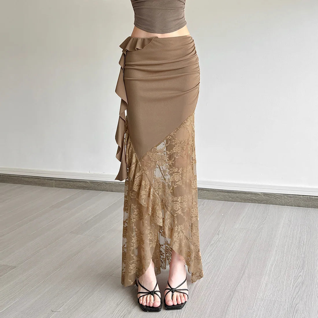 Ruched Ruffle Mesh Maxi Skirt