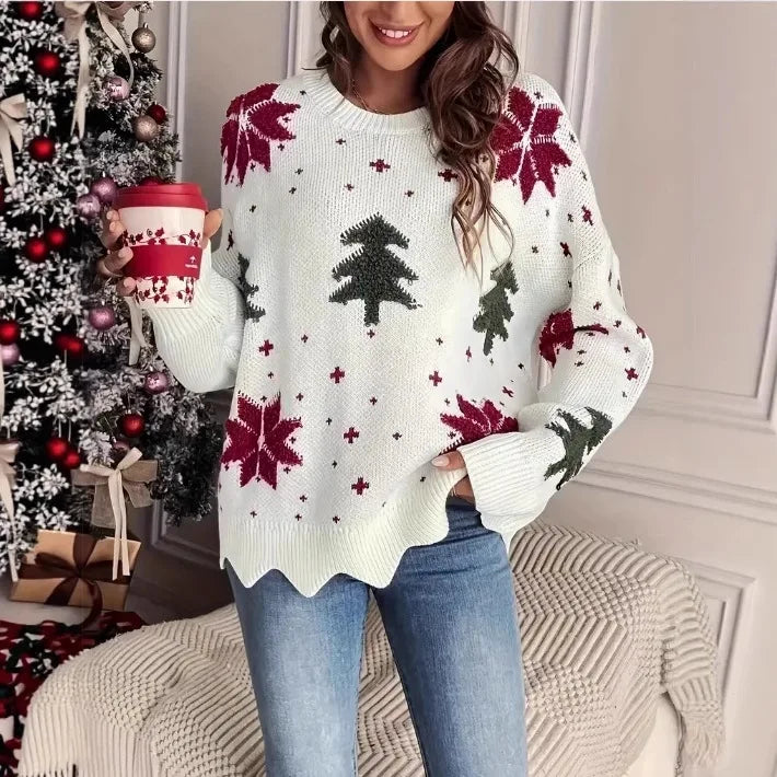 Clothing Autumn and Winter New Snowflake Christmas Tree Print Holiday Loose Casual Knitted Sweater for Women