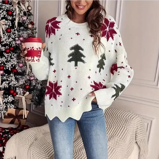 Clothing Autumn and Winter New Snowflake Christmas Tree Print Holiday Loose Casual Knitted Sweater for Women