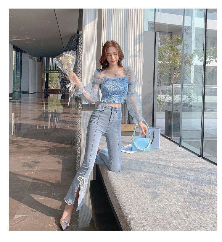 Chic and Elegant Stretch With Slits Trousers Y2k Luxury Designer Women's Cropped Flare Jeans High Waist Shot Female Cowboy Pants