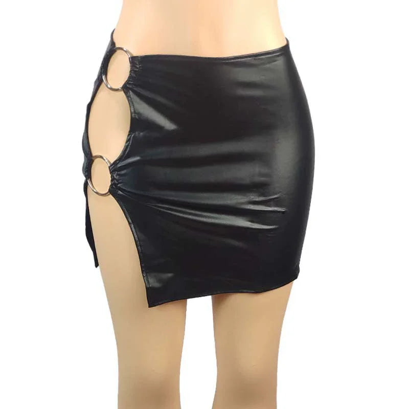 PU Imitation Leather Metal Ring Side Split Mini Skirt Women High-waist Fittness Slim Skirts Vintage Bodycon Skirt Club Party