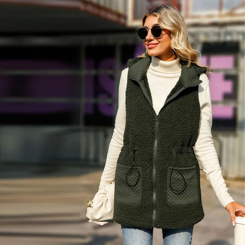 Women's Velvet Bubble Vest Autumn European American Style Hooded Sleeveless Zipper Mid-Length Solid Color Adjustable Waist