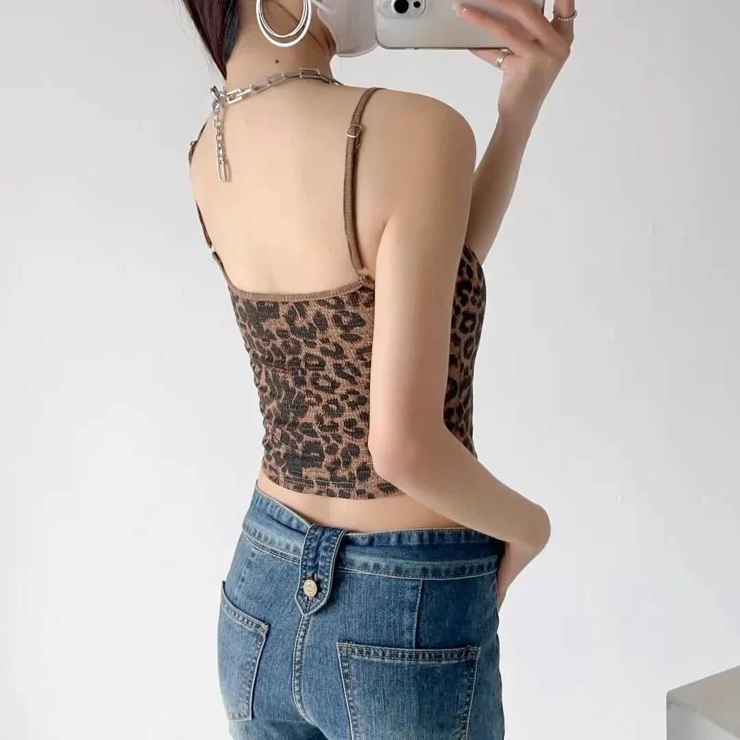Women's Camisole Leopard Print Crop Tops Vintage Y2k Summer Fashion Streetwear Tank Top Female Sexy Sleeveless Off Shoulder Vest