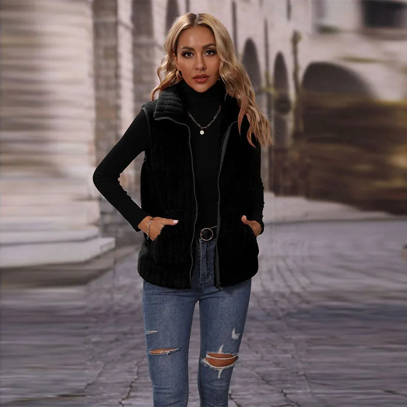 Autumn Winter Furry Faux Fur Vest Coat Women Sleeveless Lapel Plush Warm Waistcoat Lady Warm Fluffy Fashion Vest Jacket