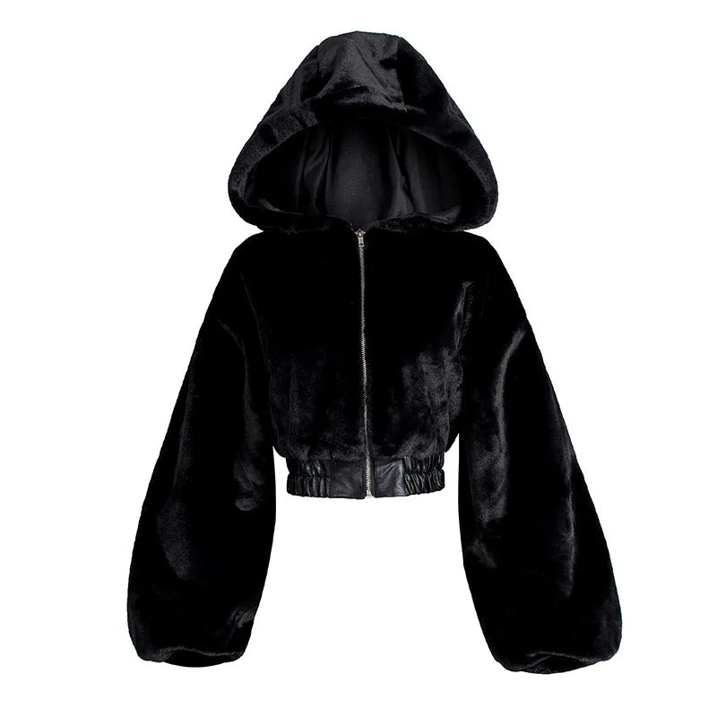 Autumn Winter Long-sleeved Slim-fitting Street Style Short High-waisted Fluffy Hooded Jacket Women's Fashion Textured Top