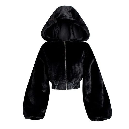Autumn Winter Long-sleeved Slim-fitting Street Style Short High-waisted Fluffy Hooded Jacket Women's Fashion Textured Top