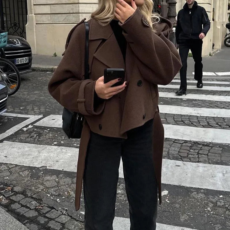 Brown Women Jacket Long Sleeve Lace Up Turn-down Collar Double-Breasted Female Coat Autumn Lady Streetwear New
