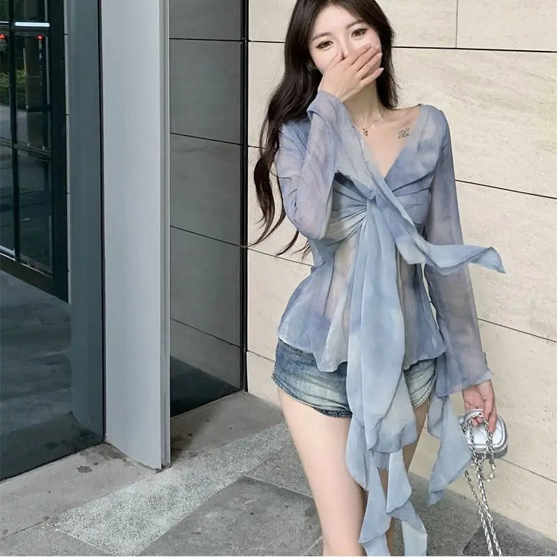 French Blue Ruffle V-neck Long Sleeve Chiffon Shirt for Women Spring Korean Chic Tie Dye Slimming Flare Sleeve Blouse Women Tops