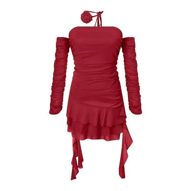 Women's summer solid color sexy design irregular Tassel ruffled hip Lace suspender dress