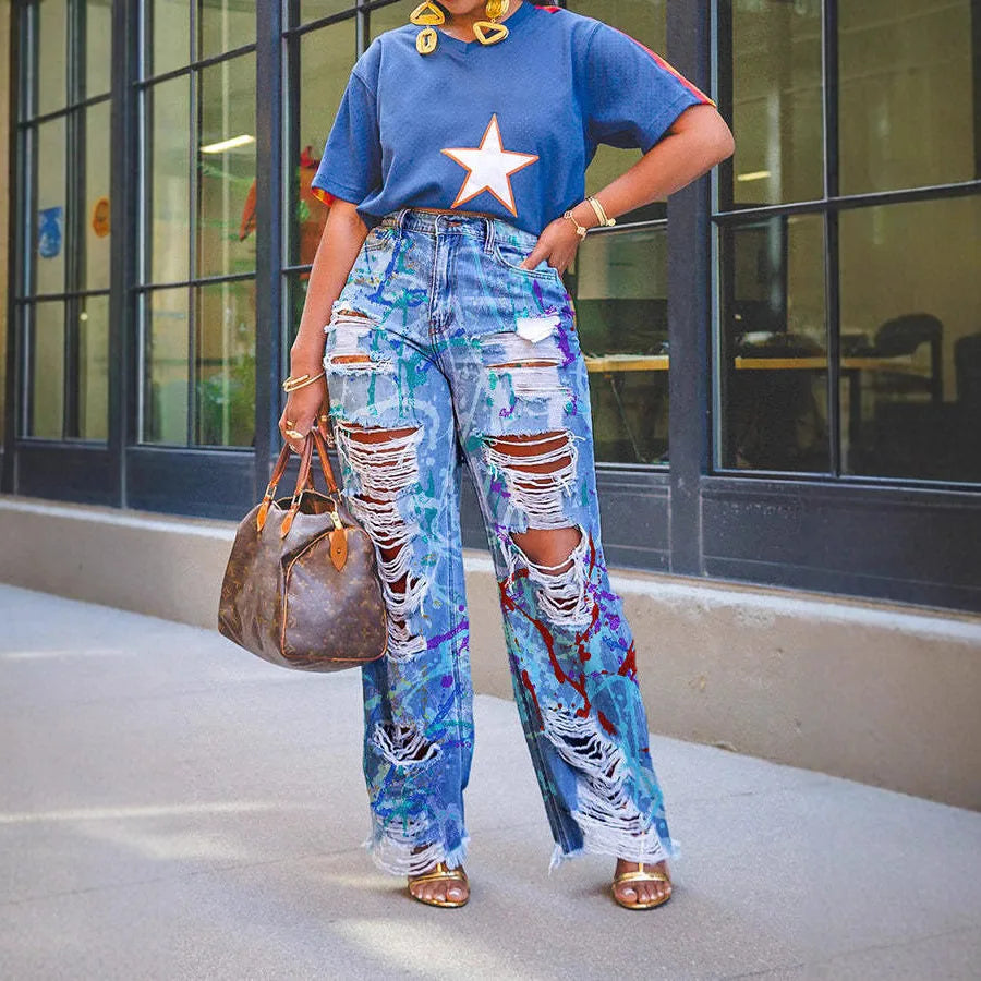 Spring New Floral Graffiti Print  High Waist Loose Straight Jeans Hip Hop Style Long Pants
