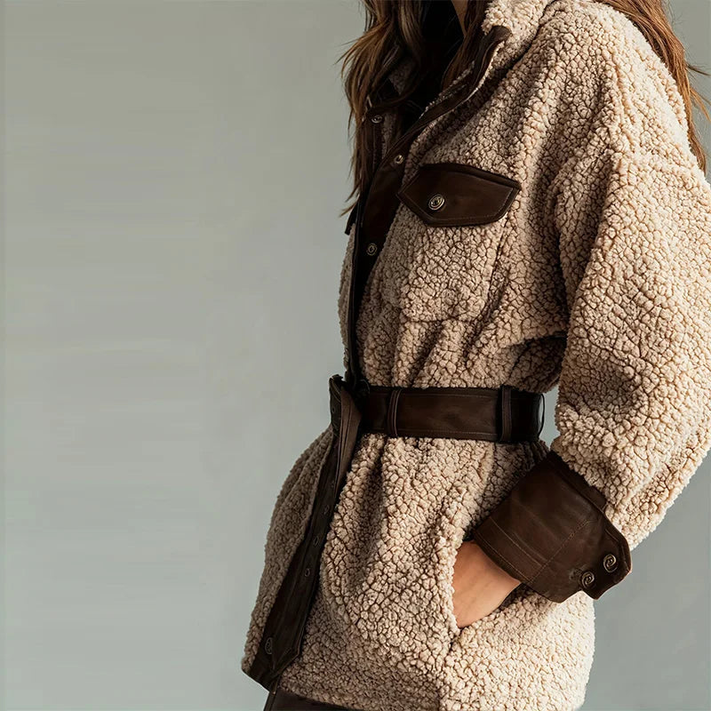 Women's Casual Long Sleeve Pocket PU Leather Coat Elegant Thickened Lamb Solid Jackets Fashion Lapel Button Patchwork Outercoat