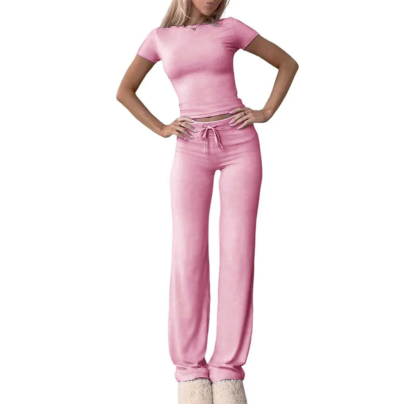 Summer Comfortable Casual Women's Home Sports Set New Fashionable Solid Color Slim Body Clothes + Trousers Two-piece Set
