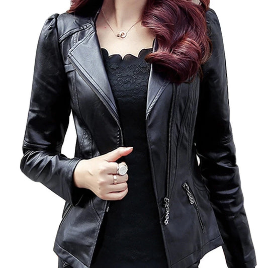 Fashion New Women's Leather Jacket Bright Colors Black Motorcycle Coat Short Faux Leather Biker Jacket Soft Jacket Female