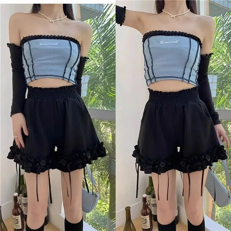 Black Ruffle Casual Baggy Female Short Pants Y2k Vintage Fashion Classic Design Outfits Summer Wide Women's Elastic Waist Shorts