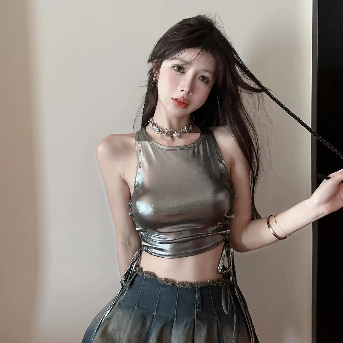 Sleeveless Hollow lace up Decorated Tank Sexy Casual Bodycon Top Party Club Streetwear Spring Summer ﻿