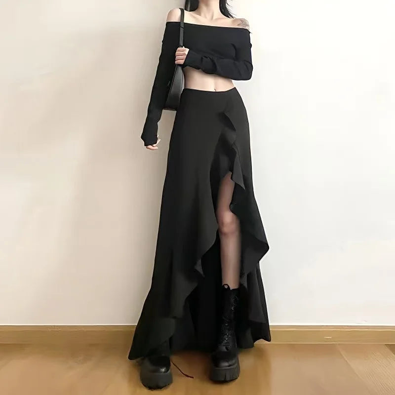 Asymmetric Ruffle Maxi Skirt