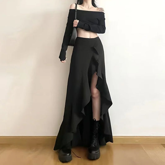 Asymmetric Ruffle Maxi Skirt