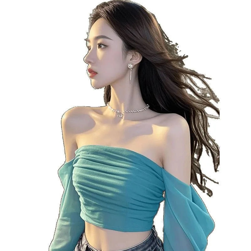 New line shoulder mesh long sleeve T-shirt women with slim-fit hottie sexy explosion street wear short top