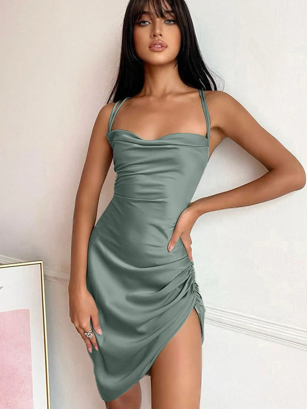 Sexy Spaghetti Straps V-neck Tight Mini Dress Ladies Backless Wrinkled Sheath Wrapping Dress Latest Club Party