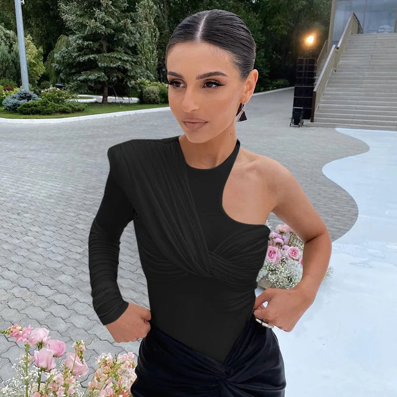 Sexy Pleated Jumpsuit One Shoulder Backless Twist Bodysuits Women Long Sleeve Top Slim High Waist Bodysuit Club Party Skinny Tee
