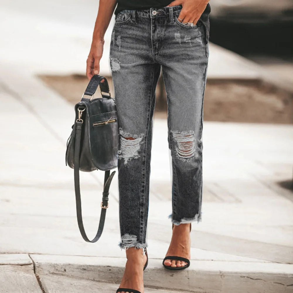 Stretch Women's Jeans Trend Blue Hight Waist Ripped Casual Fashion Streetwear Denim Pencil Pants