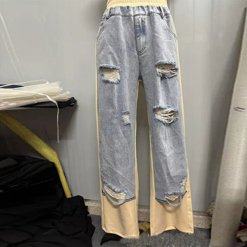 Casual Patchwork Jeans Women Loose Drawstring Low Waist Pockets Zipper Straight Leg Pants Spring Summer Street Lady Trouser