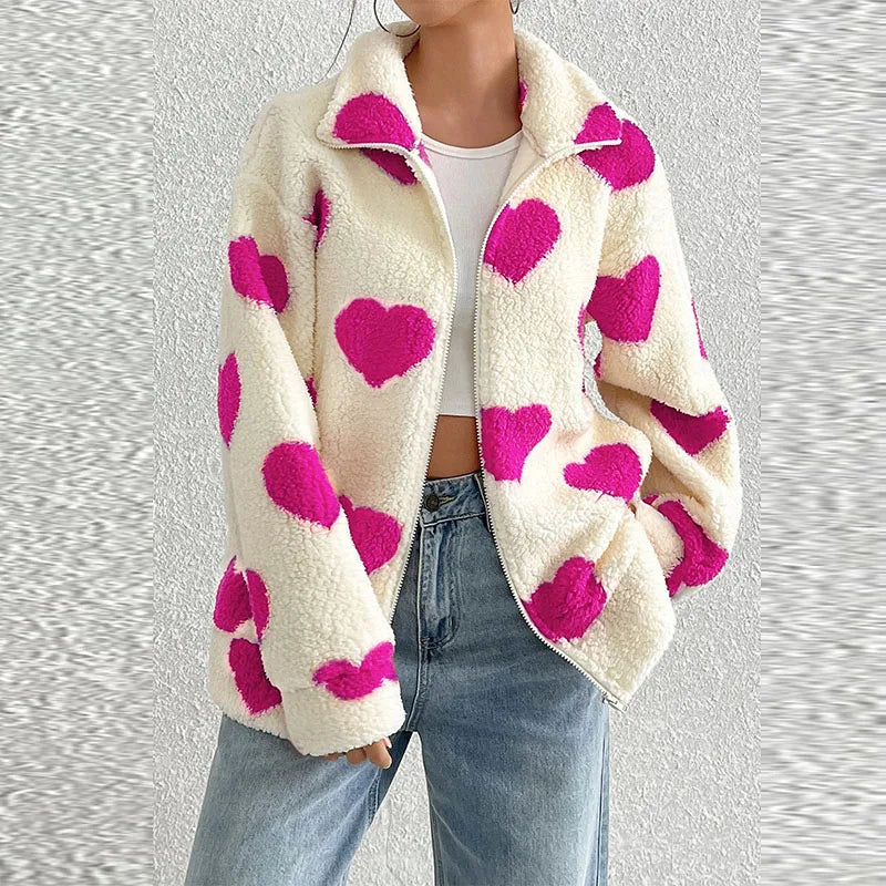 Women's Autumn/Winter New Plush Love Printed Loose Long Sleeve Zipper cardigan Coat